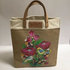 Brighton Lovebirds Floral Jute Canvas w/Leather Handles Tote Bag NEW